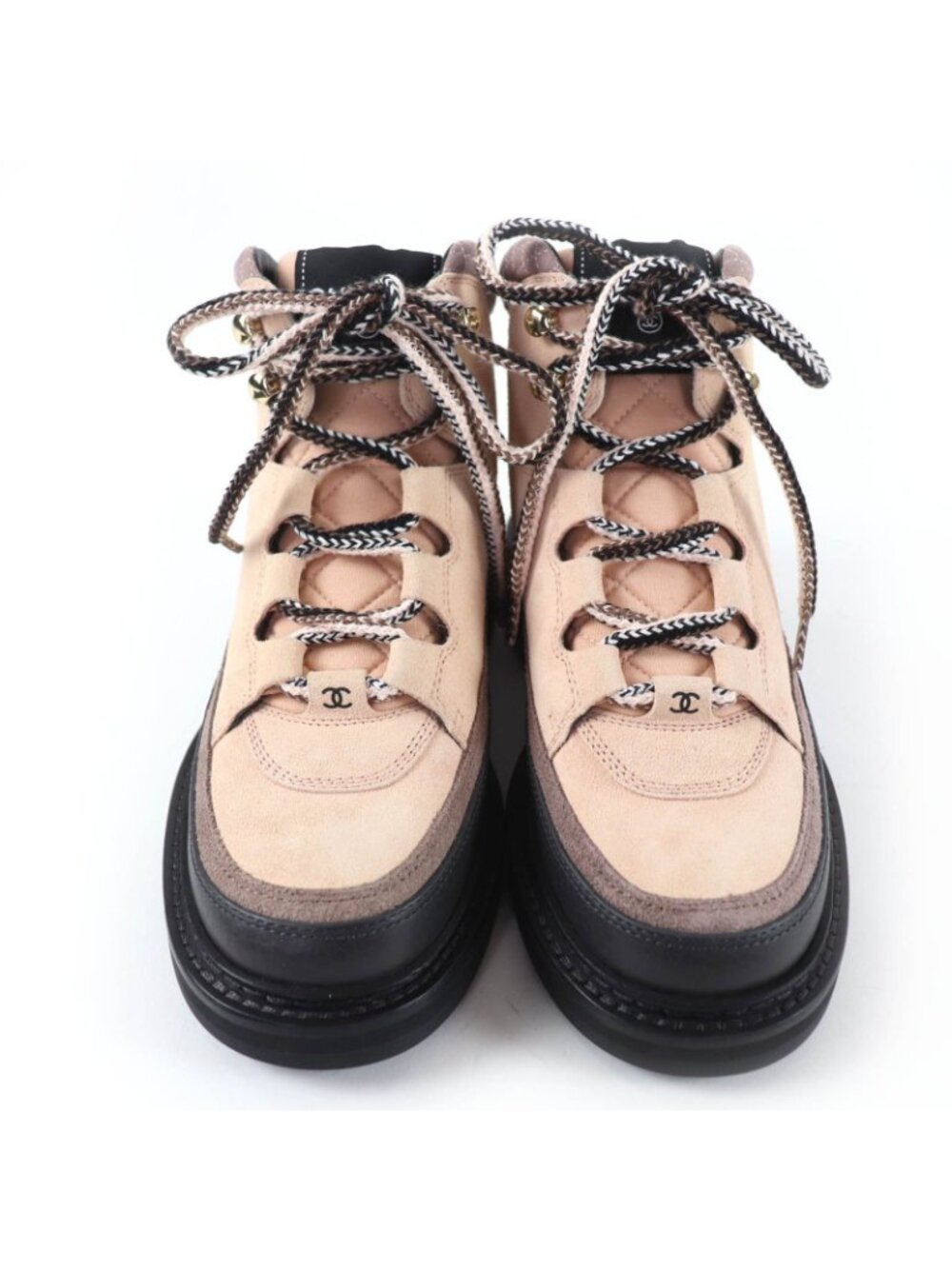 Chanel CC Logo Lace Up Suede Leather High Cut Sneakers Trekking Boots Pink - Picture 4 of 13